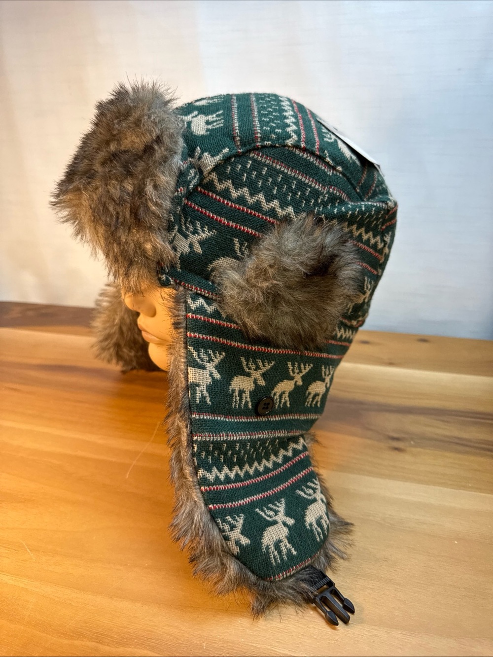 NWT RW Cold Weather Faux-fur Trapper Ski Hat Men’s OS Reindeer Adjustable Green